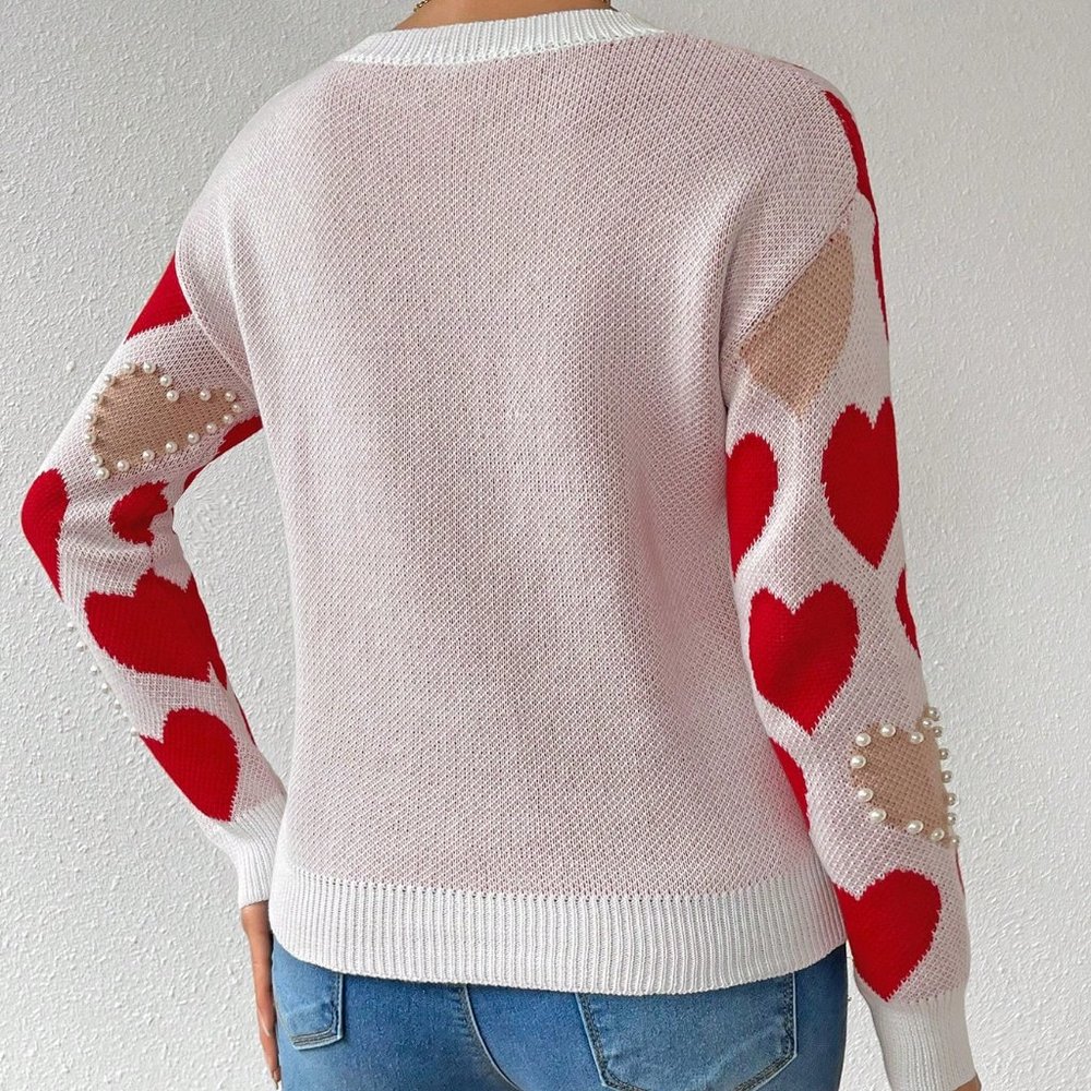 Red Casual Womens Heart Embroidery Beaded Pullover Sweater - Picture 2 of 5